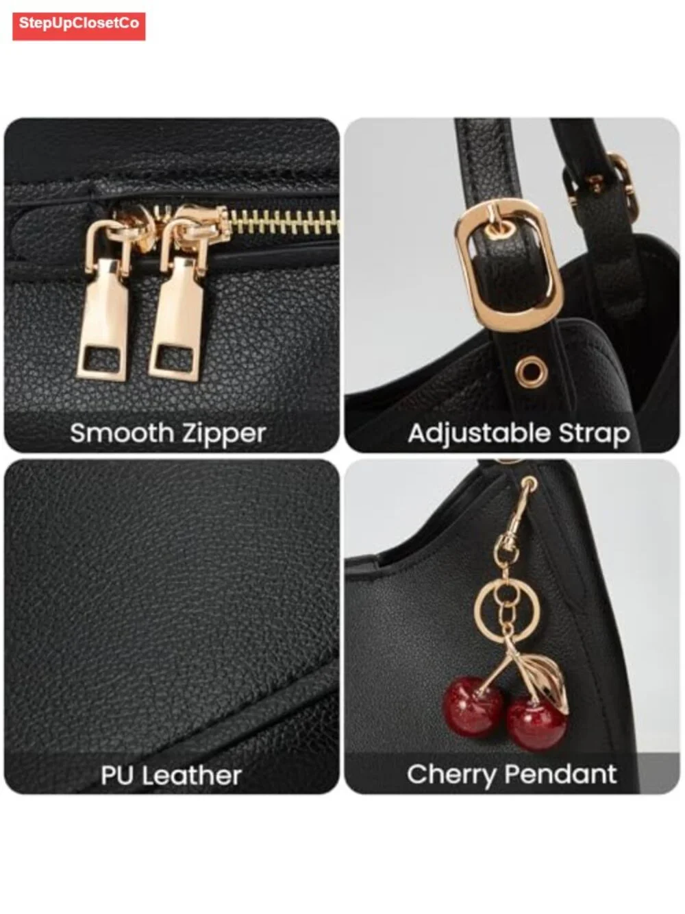 Faux Leather Slouchy Hobo Bag with Cherry Charm Tote for Women